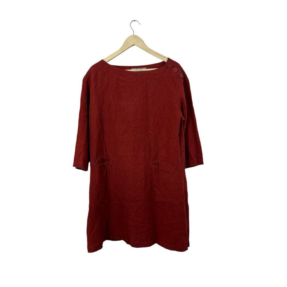 FLAX Small Shift Dress Linen Red Knee Length 3/4 Sleeve Lagenlook Womens